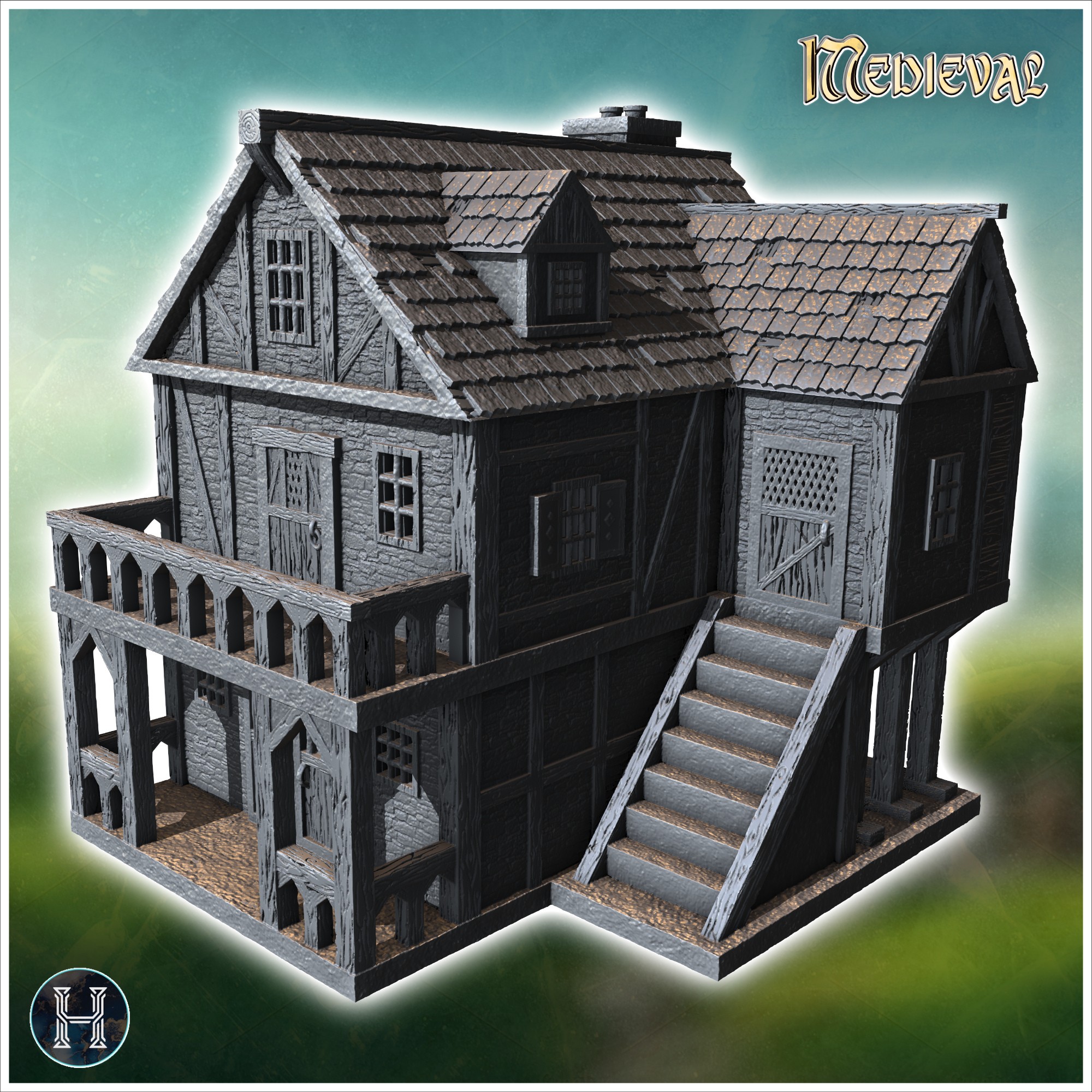 Two-story wooden house with a covered porch, external staircase, and detailed windows (26) - Medieval Gothic Feudal Old Archaic Saga 28mm 15mm RPG